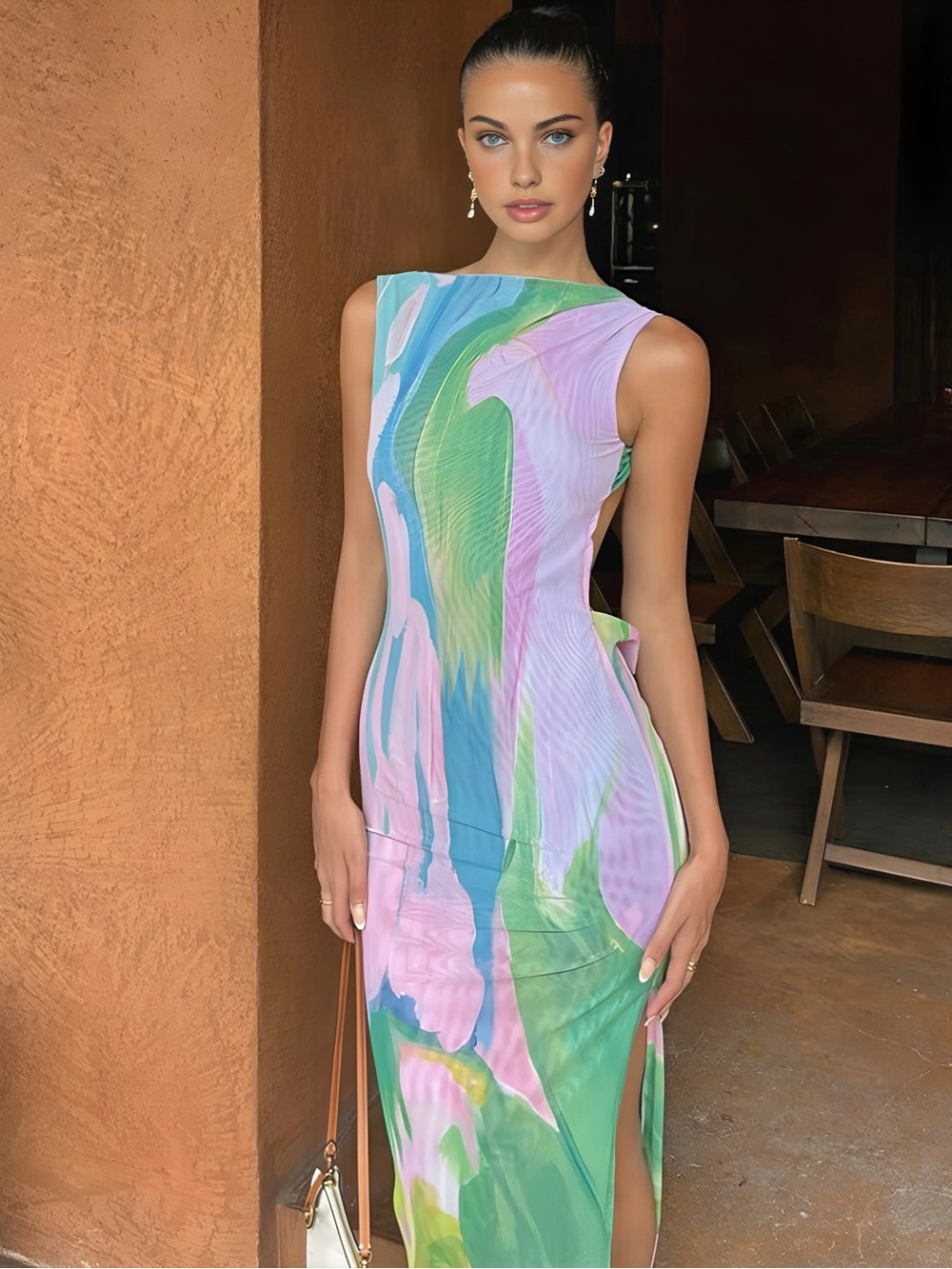 Commense Pastel Marble Maxi Dress in Pink, Green & Blue